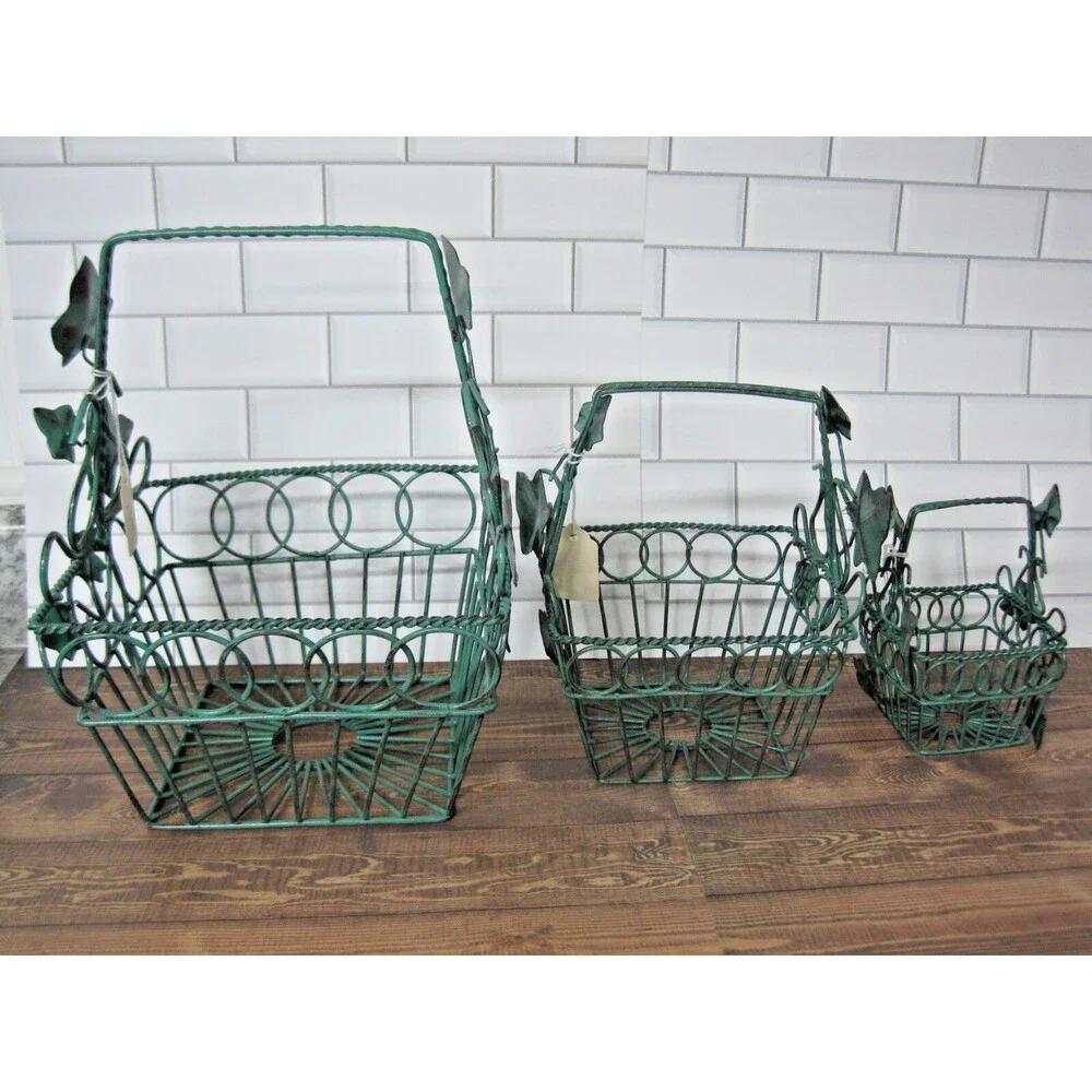 Lot of 3 Vintage Metal Wire Nesting Baskets Ivy Leaves w/ Handle NOS